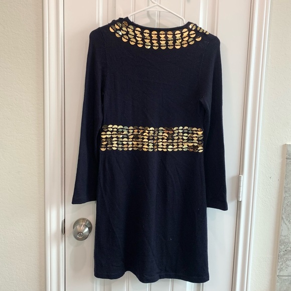 Tory Burch Navy Gold Pailette Fit & Flare Dress Sz Small - Picture 3 of 4